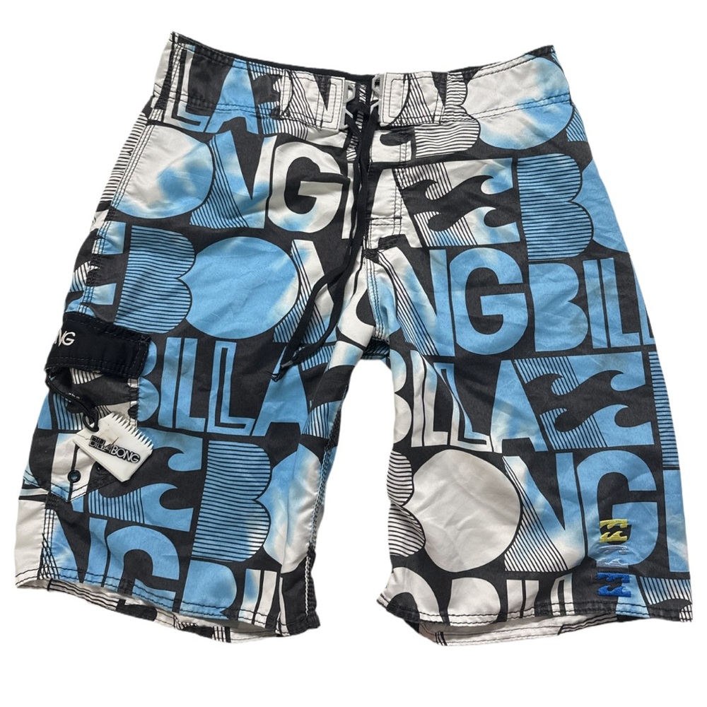 Y2K BILLABONG men's blue/multi graphic swim board shorts, 32.